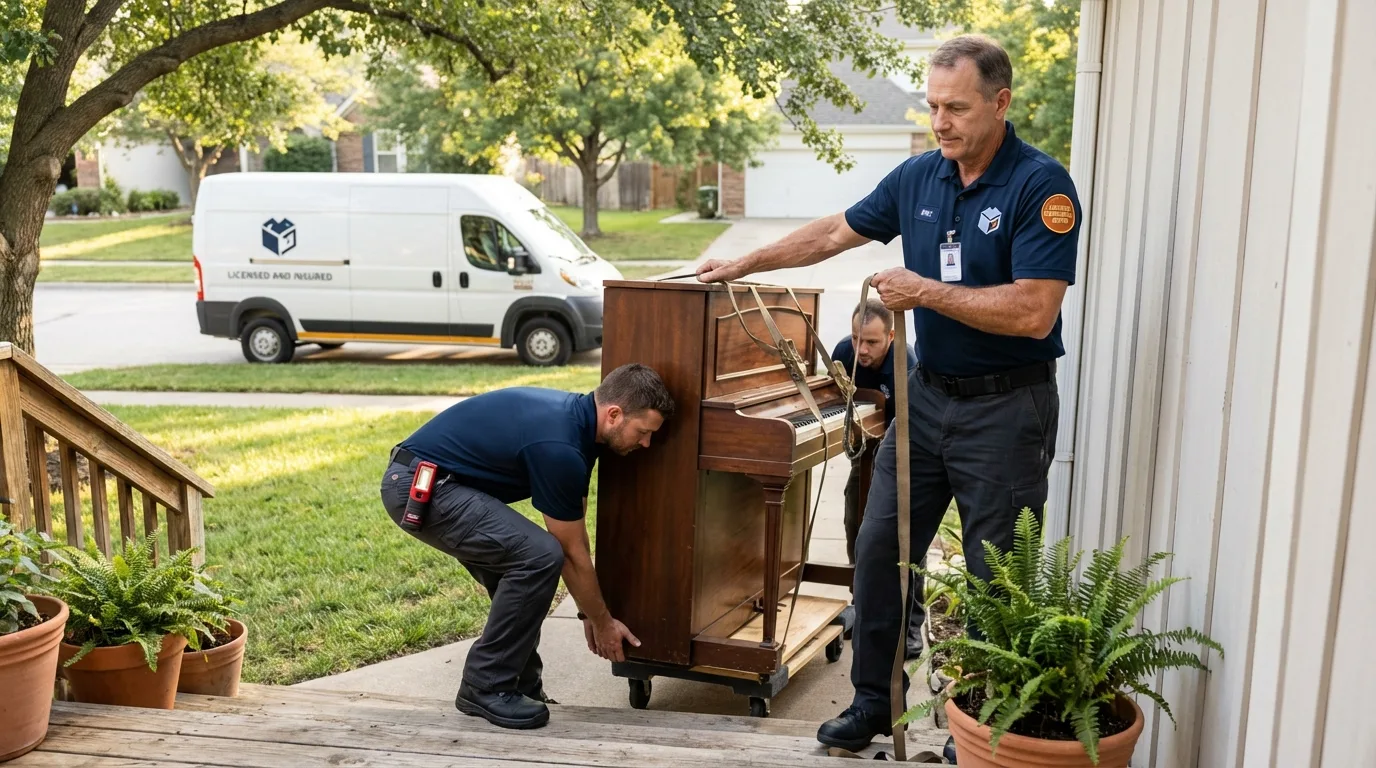 Licensed piano movers securing grand piano in Lake City, SC