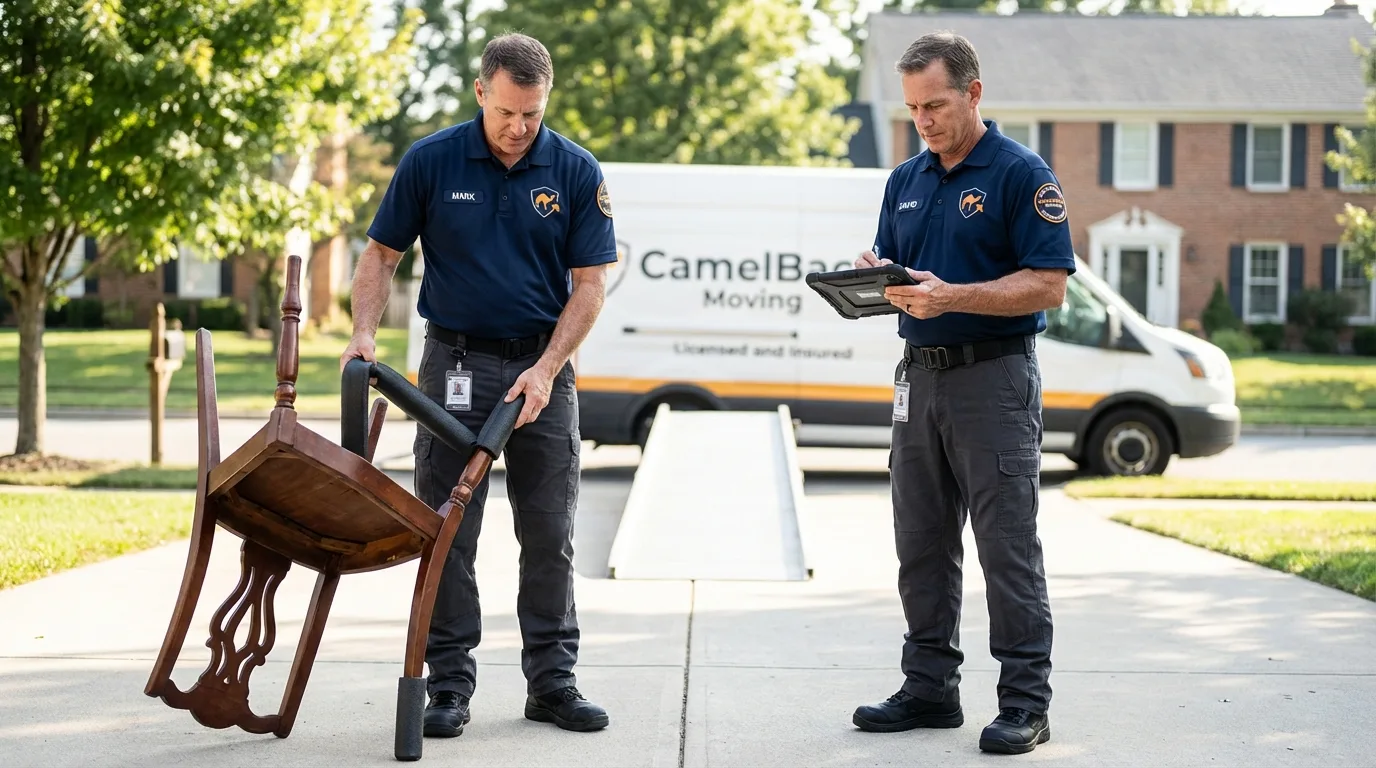 Movers inspecting furniture for damage prevention before loading in Lake City, SC