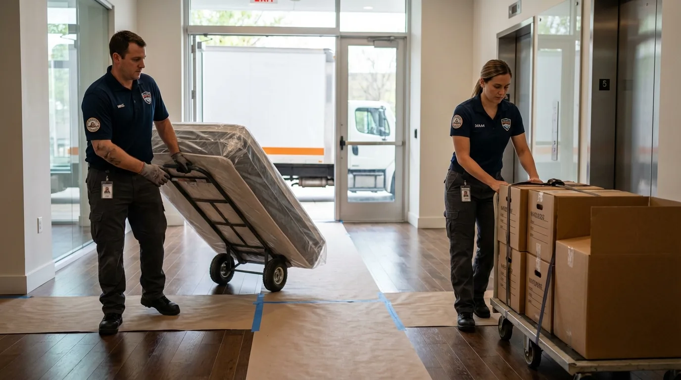 Professional apartment movers loading elevator in Lake City, SC