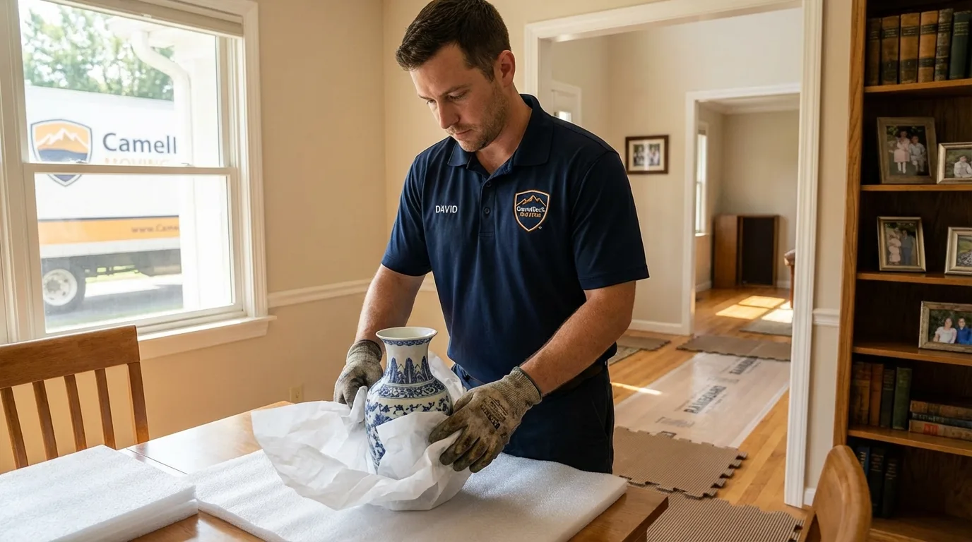 Professional crew carefully wrapping antique vase for senior downsizing move in Lake City, SC